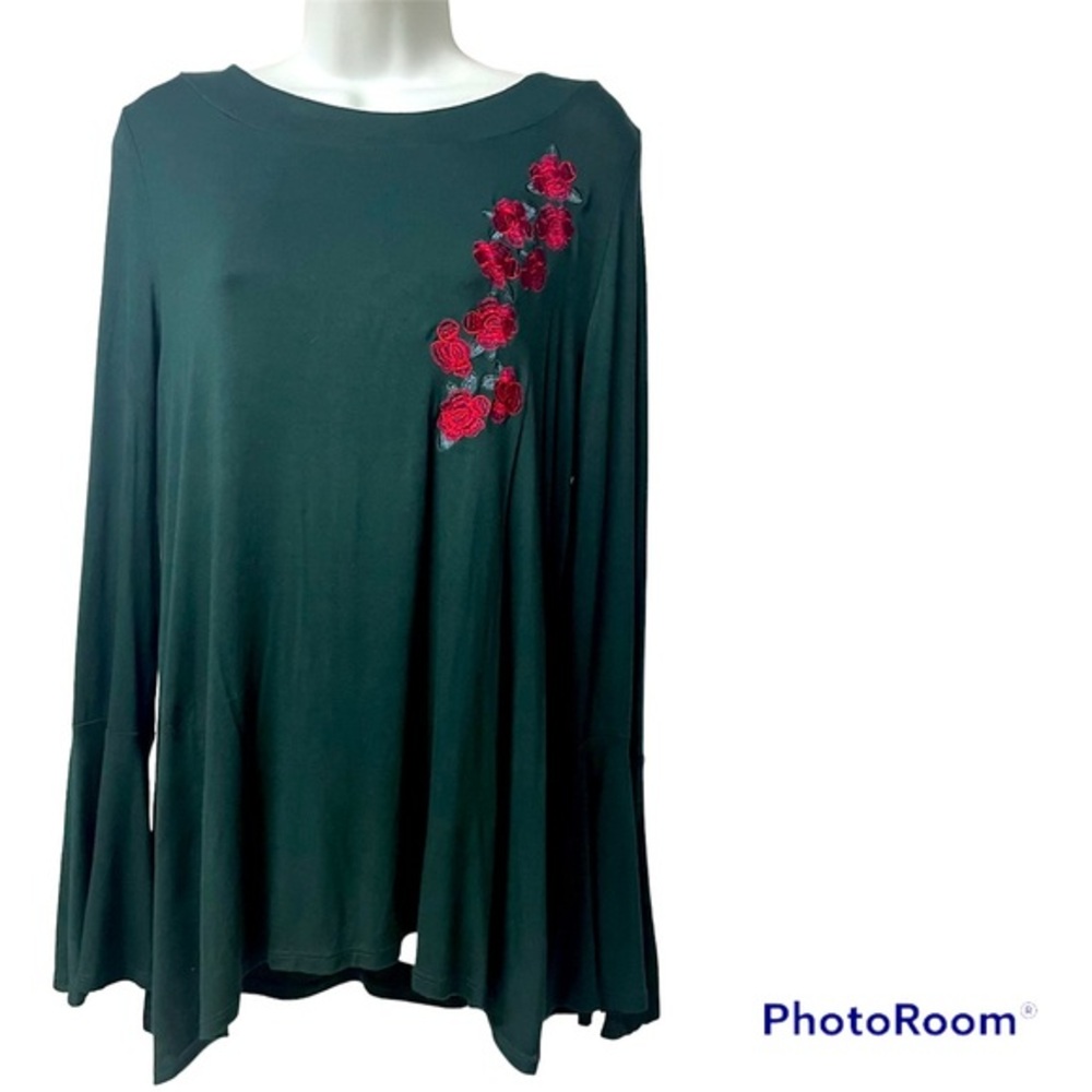 Cupio womans Tunic Top XL Long bell sleeves  Red Roses Embroidery Blouse stretch